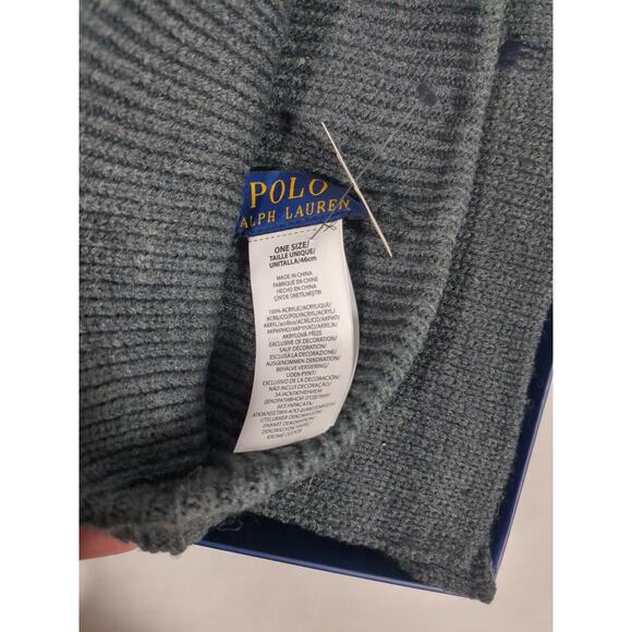 Polo Ralph Lauren Hat and Scarf Set Gray Black Striped Acrylic 2 Piece Gift Set - Picture 3 of 6